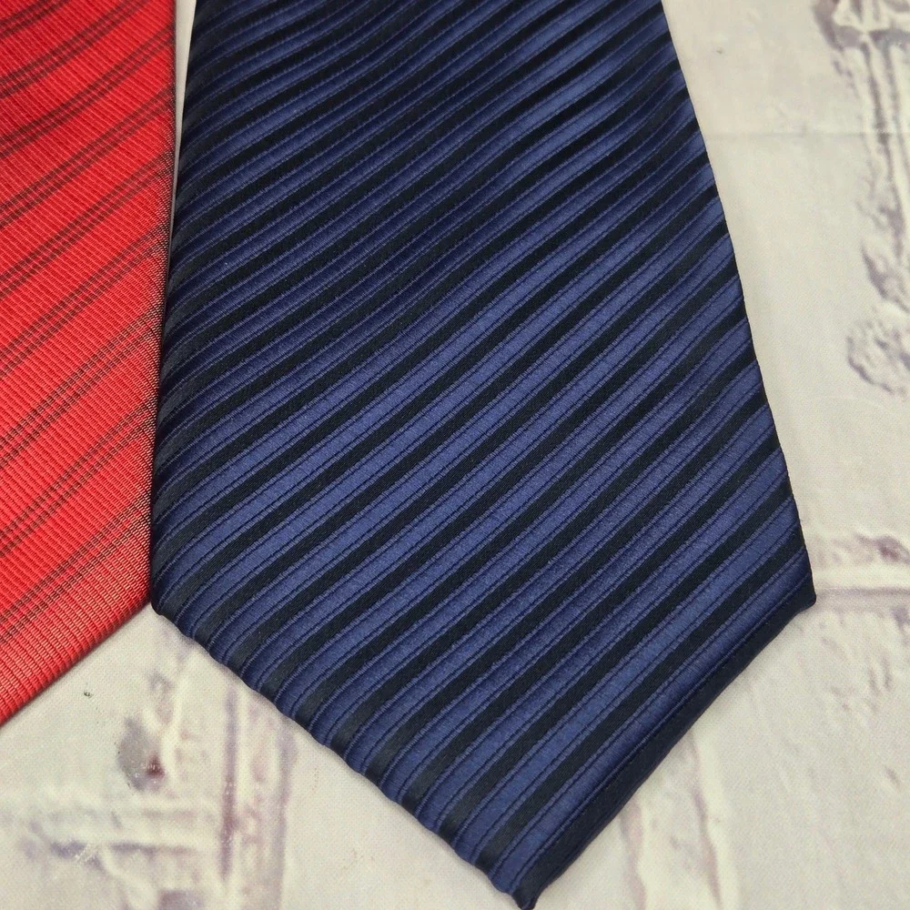 Lot of 2 Hugo Boss Neckties Red Navy Blue Striped Silk Business Formal Set Mens